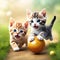 Adorable playful two kitten chasing a ball