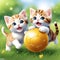 Adorable playful two kitten chasing a ball