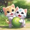 Adorable playful two kitten chasing a ball