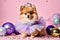 Adorable Pomeranian dog dressed as a princess with a sparkling tiara and tutu against a glittery pink backdrop