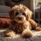 Adorable poodle dog lounges on the carpet, cute home companion