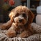 Adorable poodle dog lounges on the carpet, cute home companion