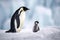 Adorable portrait of an Emperor penguin with his chick on the sea ice in the Antarctica. Amazing Wildlife. Generative Ai
