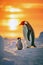 Adorable portrait of an Emperor penguin with his chick on the sea ice in the Antarctica at sunset. Amazing Wildlife. Generative Ai