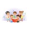 Adorable preschool kids, boys and girls reading educational magic book. Happy and interesting childhood. Isolated flat