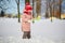 Adorable preschooler girl having fun in beautiful winter park on a snowy cold winter day