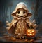 Adorable Pumpkin Specter: Cartoon Pumpkin Dons a Playful Ghost Costume for Halloween Delight
