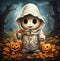 Adorable Pumpkin Specter: Cartoon Pumpkin Dons a Playful Ghost Costume for Halloween Delight