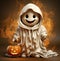 Adorable Pumpkin Specter: Cartoon Pumpkin Dons a Playful Ghost Costume for Halloween Delight