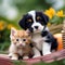 Adorable puppies and kittens having a playful day in a sunny garden Charming and heartwarming illustration for animal-themed pro