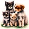 Adorable puppy and 3 kittens. Watercolor. Storybook. Nursery. Ai generated