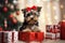Adorable puppy with blurry festive decor