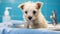 Adorable puppy on the examination table at the veterinarian, pet checkup, blue background, banner