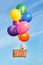 Adorable puppy flying in a basket with air baloons
