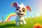 adorable puppy illustration, cartoon character, vibrant colors, rainbow in the back. Puppy running on the meadow