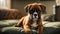 an adorable puppy lays down on his bed on the couch