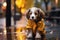 Adorable puppy in a raincoat sits in a puddle on the street in autumn