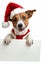 Adorable puppy in red christmas hat peeking mischievously from behind an empty blank banner