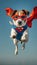 Adorable puppy in superhero costume flying in blue sky, creating a funny and cute scene
