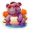 Adorable Purple Hippopotamus with Glasses Sitting Among Orange Flowers. AI generation