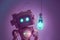 Adorable Purple Robot Holding Glowing Blue object, generated with AI