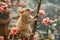 Adorable Quokka Climbing a Branch Surrounded by Blossoming Pink Flowers in a Serene Garden Setting