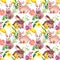 Adorable rabbit animals in spring flowers. Decorative floral repeating background with easter bunny in grass. Watercolor