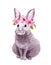 Adorable rabbit in floral wreath with pink spring flowers. Watercolor Easter bunny