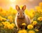 Adorable rabbit joyfully playing amidst colorful flowers in a sunny field, cute domestic pet image