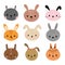 Adorable rabbits. Set of cute cartoon animals portraits. Fits for designing baby clothes. Hand drawn smiling characters. Happy