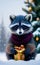 an adorable raccoon holding a gift among the snow and fir branches 4