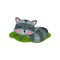 Adorable raccoon sleeping on green grass. Wild forest animal with cute muzzle and striped tail. Flat vector for sticker