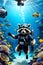 Am adorable racoon enjoying diving in a deep sea, carrying oxygen tank, underwater sea view, cartoon, wallpaper