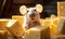 Adorable Rat Peeking Out From Yellow Swiss Cheese Blocks in Warm Kitchen Light