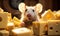 Adorable Rat Peeking Out From Yellow Swiss Cheese Blocks in Warm Kitchen Light