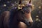 Adorable red horse in a floral wreath on his head, in spring, outdoor