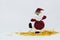 Adorable red Santa Claus with gold ground and white background. Christmas