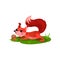 Adorable red squirrel found acorn in grass. Forest rodent with shiny eyes and pink cheeks. Flat vector of small animal