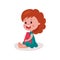 Adorable redhead little girl sitting on the floor playing with letter A, kid learning through fun and play colorful