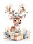 Adorable reindeer with gift box painted in watercolor
