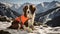 Adorable rescue dog in bright signal vest on snow in mountains, close up with copy space