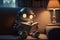 An adorable robot reading a book, sitting on a sofa at home. GENERATIVE AI