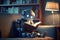 An adorable robot reading a book, sitting on a sofa at home. GENERATIVE AI