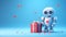 Adorable robot with Valentine's gift, hearts floating. Copy space