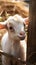 Adorable scene Baby goat playing with bamboo fence in farm