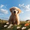 Adorable scene Golden retriever puppy sits on lush grass, gazing