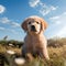 Adorable scene Golden retriever puppy sits on lush grass, gazing
