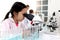 Adorable schoolgirl in lab coat doing science experiments, young scientist looking through microscope and learn science experiment