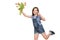 Adorable schoolgirl running with bouquet of tulips on white background, looking at camera and making the peace hand sign.