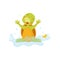 Adorable sea turtle splashing in water with rubber duck. Green reptile with brown shell. Flat vector for sticker, poster